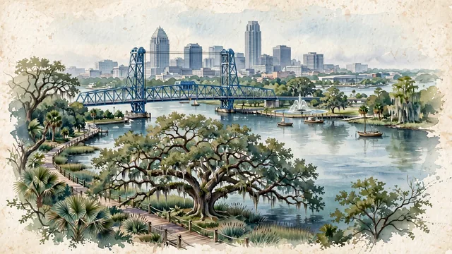 Watercolour of Jacksonville, United States. Along the St. Johns River centered around the Main Street Bridge and the Riverwalk, with Main Street Bridge and Friendship Fountain and the Museum of Science and History.