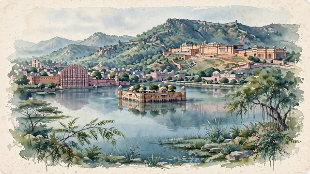 Watercolour of Jaipur, India. The "Pink City" nestled in the Aravalli hills, centered around the iconic Hawa Mahal, the floating Jal Mahal in Man Sagar Lake, and the hilltop Amber Fort, with Hawa Mahal and Jal Mahal.