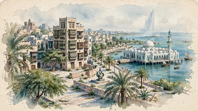 Watercolour of Jeddah, Saudi Arabia. The "Bride of the Red Sea" along the Red Sea coast, centered around the historic coral-stone quarter of Al-Balad, the Jeddah Corniche, and the Floating Mosque, with UNESCO World Heritage and Beit Naseef.