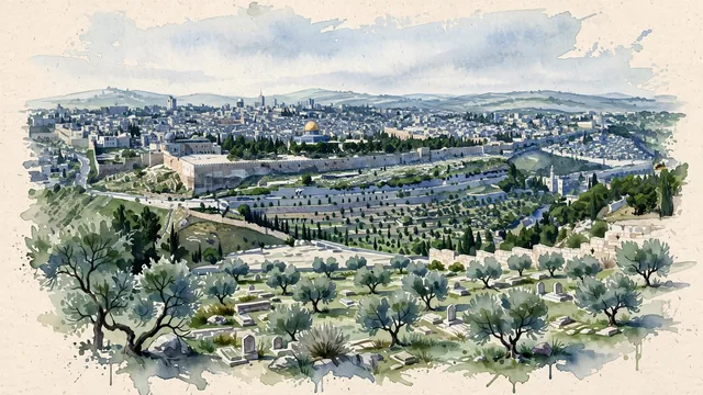 Watercolour of Jerusalem, Israel. Broad, geographically grounded view of Jerusalem’s limestone hills, valleys, and layered historic city, with Dome of the Rock.