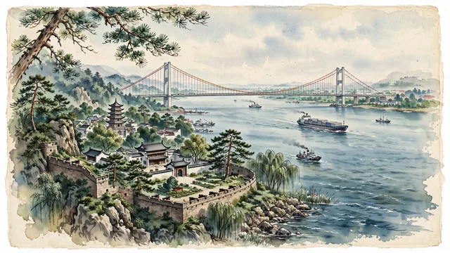 Watercolour of Jiangyin, China. The historic "Gateway of the Yangtze" along the narrowest choke point of the lower Yangtze River, centered around the Jiangyin Yangtze River Bridge and Mount Junshan, with Jiangyin Yangtze River Bridge and Huangshan Fortification.