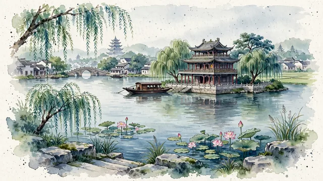 Watercolour of Jiaxing, China. The "Land of Fish and Rice" in the Hangjiahu Plain, centered around the iconic South Lake (Nanhu), the historic Red Boat, and the ancient water town of Wuzhen, with South Lake and Misty Rain Tower.