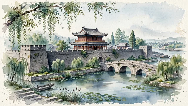 Watercolour of Jingzhou, China. On the Jianghan Plain along the Yangtze River, the ancient Chu capital and legendary Three Kingdoms fortress city, centered around the Jingzhou Ancient City Wall and Binyang Gate, with Jingzhou Ancient City Wall and Binyang Gate.