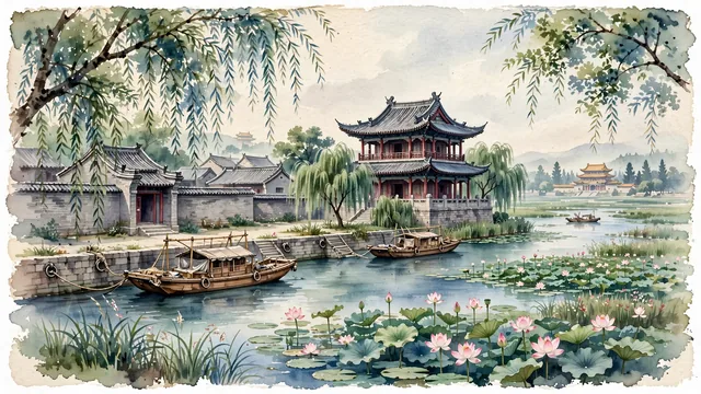 Watercolour of Jining, China. The "Canal Capital" and cradle of Confucian culture along the Grand Canal and Weishan Lake, centered around the iconic Taibai Tower and the nearby Temple of Confucius in Qufu, with Taibai Tower and Grand Canal Jining.