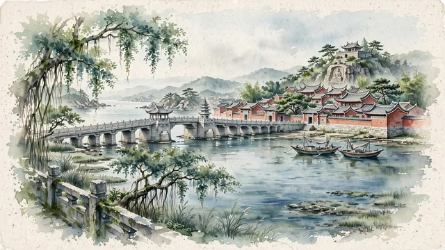 Watercolour of Jinjiang, China. The historic Maritime Silk Road port city along Jinjiang Bay and the Anhai estuary, home to the iconic Anping Bridge and Wudian City red-brick heritage, with Southern Song Dynasty Anping Bridge and Wudian City Traditional Blocks.