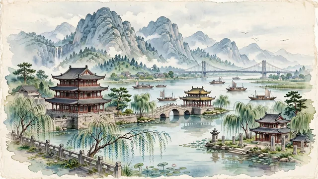Watercolour of Jiujiang, China. Along the mighty Yangtze River and Poyang Lake, crowned by the UNESCO World Heritage mountain of Mount Lushan and the iconic Xunyang Tower, with Xunyang Tower and Yanshui Pavilion.