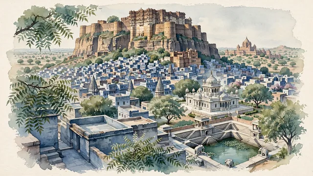 Watercolour of Jodhpur, India. The "Blue City" and historic Rathore capital of Marwar, centered around the colossal cliff-top Mehrangarh Fort and Jaswant Thada, with Moti Mahal and Phool Mahal and Jaswant Thada.