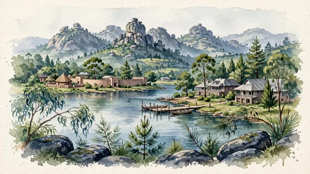 Watercolour of Jos, Nigeria. On the rocky Jos Plateau, the cool-climate highland city centered around Shere Hills, the Rayfield lakes, and the Jos Wildlife Park, with Shere Hills and Rayfield Resort Lake.
