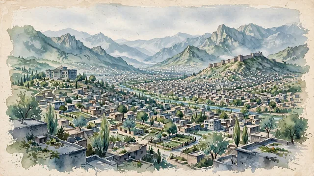 Watercolour of Kabul, Afghanistan. Broad, carefully observed view across the populated mountain valley, with dense low-rise neighborhoods layered below the Hindu Kush. Featuring Darul Aman Palace.