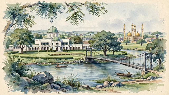 Watercolour of Kaduna, Nigeria. Along the Kaduna River, the historic capital of Northern Nigeria centered around Lugard Hall and the Sultan Bello Mosque, with Lugard Hall and Sultan Bello Mosque.