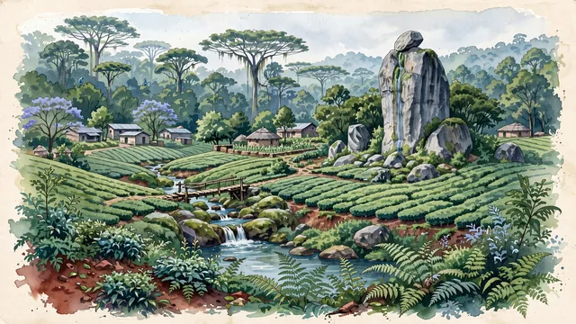 Watercolour of Kakamega, Kenya. The gateway to the ancient Kakamega Rainforest and the sacred Crying Stone of Ilesi, with Crying Stone of Ilesi and Kakamega Forest National Reserve.