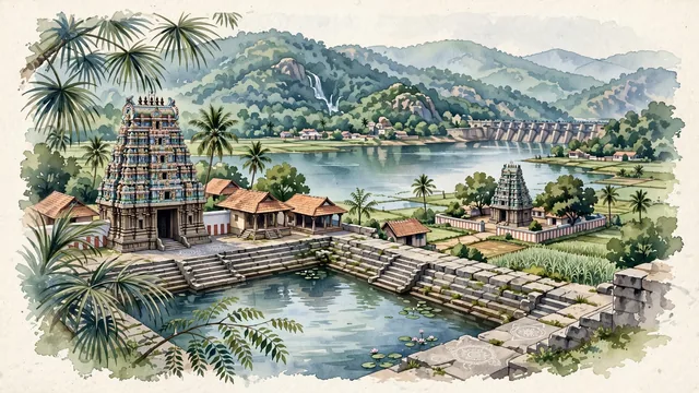 Watercolour of Kallakurichi, India. In the Manimuktha River basin nestled at the foot of the Kalrayan Hills, home to the sacred Koothandavar Temple of Koovagam and the Gomukhi Dam, with Koothandavar Temple and Gomukhi Dam.