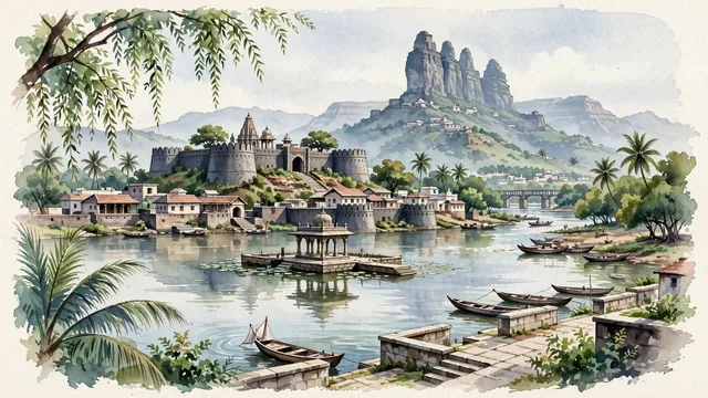Watercolour of Kalyān, India. Kalyan at the confluence of the Ulhas and Kalu rivers, the ancient maritime port and Shivaji naval shipyard centered around the 16th-century Durgadi Fort and Kala Talao lake, with Kalyan Creek and the Ulhas River and Kala Talao.