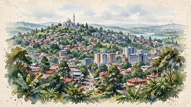 Watercolour of Kampala, Uganda. Broad, lush view across the capital’s rolling hills and dense red-roofed neighborhoods, with Lake Victoria.