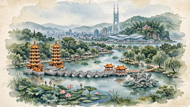 Watercolour of Kaohsiung, Taiwan. Along the Love River and Lotus Pond, centered around the Dragon and Tiger Pagodas, the Love River promenade, and 85 Sky Tower, with Dragon and Tiger Pagodas and Spring and Autumn Pavilions.