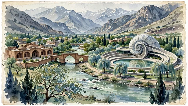 Watercolour of Karaj, Iran. Nestled in the southern foothills of the soaring Alborz Mountains along the Karaj River, centered around the Pearl Palace (Morvarid Palace) and the historic Shah Abbasi Caravanserai, with Pearl Palace and Safavid Shah Abbasi Caravanserai.