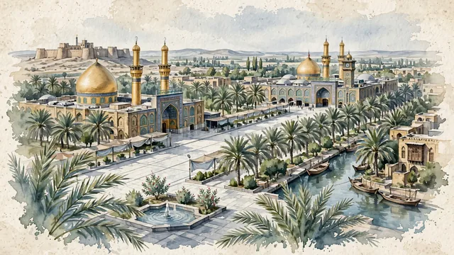 Watercolour of Karbala, Iraq. Along the Husayniyya Canal in the Euphrates River valley, centered around the sacred Bayn al-Haramayn plaza connecting the Imam Husayn and Al-Abbas shrines, with Shrine of Imam Husayn and Shrine of Al-Abbas.