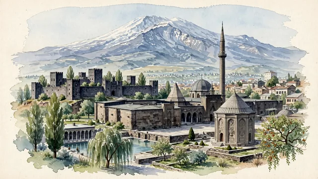 Watercolour of Kayseri, Turkey. Nestled on the high Anatolian plateau under the colossal snow-capped volcano Mount Erciyes, centered around the black volcanic stone Kayseri Castle and Hunat Hatun Complex, with Kayseri Castle and Hunat Hatun Complex.