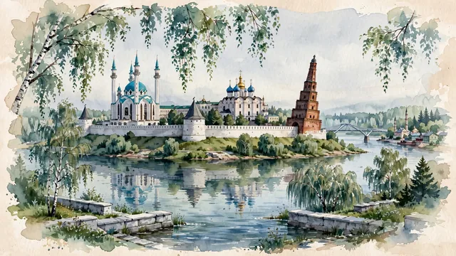 Watercolour of Kazan, Russia. Along the Volga and Kazanka rivers, centered around the UNESCO World Heritage Kazan Kremlin with the Kul Sharif Mosque and Annunciation Cathedral. Featuring Kul Sharif Mosque and Annunciation Cathedral.