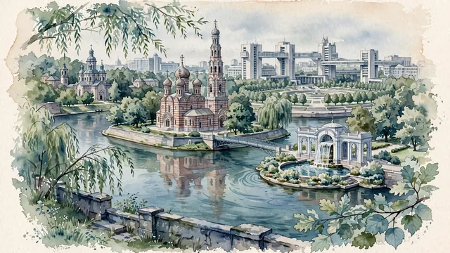 Watercolour of Kharkiv, Ukraine. At the confluence of the Kharkiv, Lopan, and Udy rivers, centered around the iconic constructivist Derzhprom building on Freedom Square and the Annunciation Cathedral, with UNESCO-tentative Derzhprom Building and Holy Annunciation Cathedral.