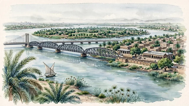 Watercolour of Khartoum North, Sudan. Along the northern bank of the Blue Nile and eastern bank of the main Nile, centered around the iconic Blue Nile Bridge (Shambat Bridge) and the lush agricultural river island of Tuti Island, with Blue Nile Road and Railway Bridge and Shambat Bridge.