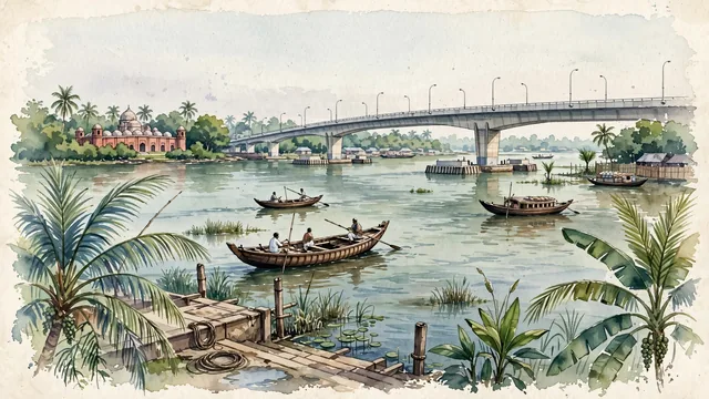 Watercolour of Khulna, Bangladesh. Along the Rupsha and Bhairab rivers, the gateway to the UNESCO Sundarbans mangrove forest, centered around the iconic Khan Jahan Ali Bridge and the historic Sixty Dome Mosque in nearby Bagerhat, with Khan Jahan Ali Bridge and UNESCO World Heritage Sixty Dome Mosque.