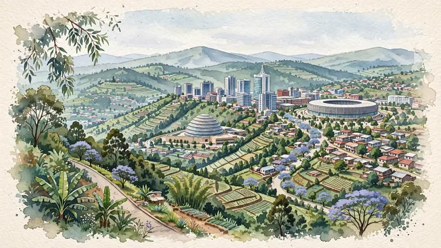Watercolour of Kigali, Rwanda. The "Land of a Thousand Hills", with Kigali Convention Centre and Kigali's.