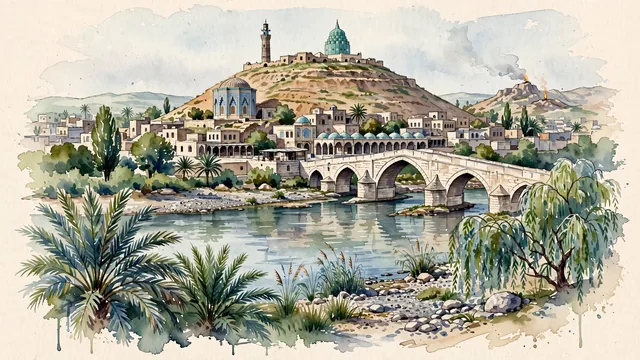 Watercolour of Kirkuk, Iraq. Centered around the towering ancient Kirkuk Citadel perched on its 130-foot circular tell above the Khasa River, the Green Dome, and the Prophet Daniel's Shrine, with Kirkuk Citadel and Shrine of Prophet Daniel.