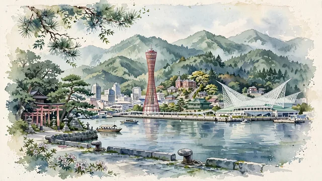 Watercolour of Kobe, Japan. Nestled between the Rokko Mountains and Osaka Bay, centered around the iconic Kobe Port Tower in Meriken Park and the historic Ijinkan district of Kitano-cho, with Kobe Port Tower and Kobe Maritime Museum.