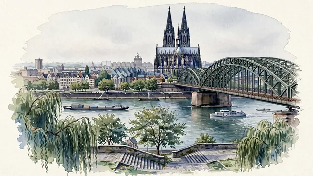 Watercolour of Köln, Germany. Along the Rhine River, centered around the iconic Gothic twin spires of Cologne Cathedral and the arched Hohenzollern Bridge, with Cologne Cathedral and Hohenzollern Bridge.