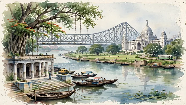 Watercolour of Kolkata, India. Along the Hooghly River, centered around the iconic cantilever Howrah Bridge and the white marble Victoria Memorial in the Maidan, with Howrah Bridge and Indo-Saracenic and British.