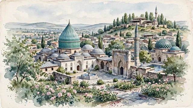 Watercolour of Konya, Turkey. On the high Anatolian steppe, the Seljuk imperial capital and spiritual home of Mevlana Jalaluddin Rumi, centered around the iconic turquoise fluted dome of the Mevlana Museum and the Alaeddin Mosque hill, with Mevlana Museum and Seljuk Alaeddin Mosque.