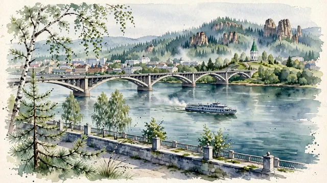 Watercolour of Krasnoyarsk, Russia. Along the mighty Yenisei River flanked by the Sayan Mountains and Stolby rock pillars, centered around the iconic Paraskeva Pyatnitsa Chapel and the Communal Bridge, with Paraskeva Pyatnitsa Chapel and Communal Bridge.