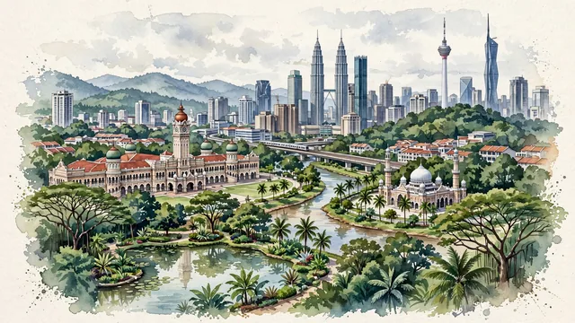 Watercolour of Kuala Lumpur, Malaysia. The city set in the lush Klang Valley at the muddy confluence (the origin of the name) of the Klang and Gombak rivers, with Petronas Twin Towers and Kuala Lumpur Tower.