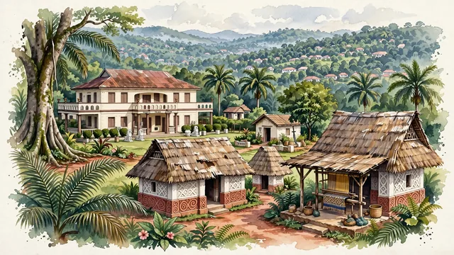 Watercolour of Kumasi, Ghana. The historic "Garden City of West Africa" and royal capital of the Ashanti Empire, centered around Manhyia Palace and the UNESCO Asante Traditional Buildings, with Manhyia Palace and UNESCO World Heritage Asante Traditional Buildings.