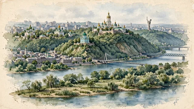 Watercolour of Kyiv, Ukraine. The historic Upper City (Staryi Kyiv) and Pechersk rising on the high, heavily forested green bluffs overlooking the broad, winding Dnipro River, with Great Lavra Bell Tower and St. Andrew's Church.