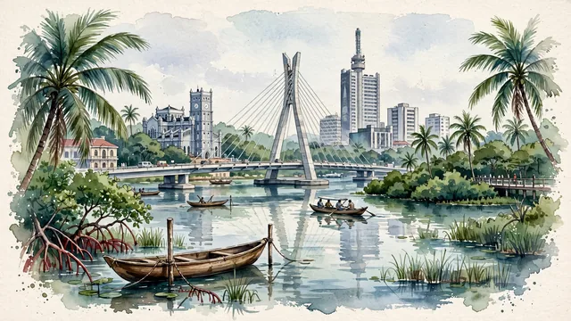 Watercolour of Lagos, Nigeria. Along the Lagos Lagoon and Gulf of Guinea, centered around the iconic Lekki-Ikoyi Link Bridge, the scenic lagoon waterways, and the Marina waterfront on Lagos Island, with Lekki-Ikoyi Link Bridge and Lagos Island.
