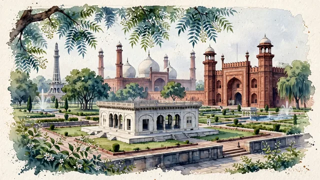 Watercolour of Lahore, Pakistan. Along the Ravi River, centered around the iconic Badshahi Mosque, Lahore Fort (Shahi Qila), and Minar-e-Pakistan in Iqbal Park, with Badshahi Mosque and Alamgiri Gate of Lahore Fort.