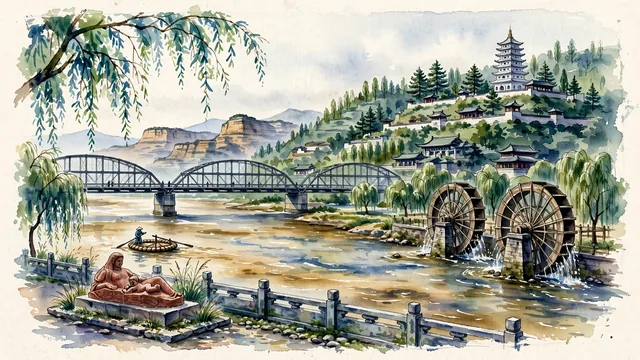 Watercolour of Lanzhou, China. Along the Yellow River gorge basin flanked by Mount Baita and Mount Gaolan, centered around the iconic Zhongshan Iron Bridge and the ancient Waterwheel Garden, with Zhongshan Iron Bridge and White Pagoda.