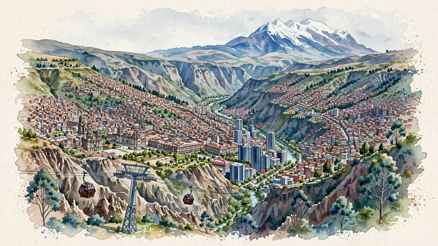 Watercolour of La Paz, Bolivia. The city built within the deep, dramatic canyon basin of the Choqueyapu River, with Mount Illimani and Metropolitan Cathedral and the Presidential Palace.