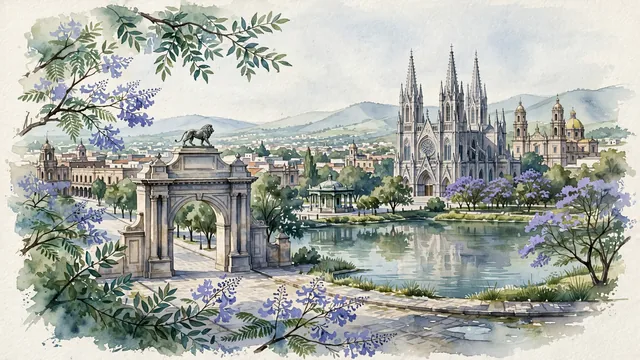 Watercolour of León de los Aldama, Mexico. León in the Bajío region, the "Leather Capital of the World", centered around the iconic Templo Expiatorio del Sagrado Corazón de Jesús and the Arco de la Calzada, with Templo Expiatorio del Sagrado Corazón de Jesús and Arco de la Calzada.
