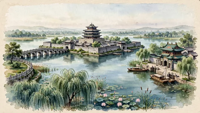Watercolour of Liaocheng, China. The "Water City of Northern China" (Jiangbei Shuicheng) along the Grand Canal and Dongchang Lake, centered around the iconic 14th-century Guangyue Tower and the Shanxi-Shaanxi Guild Hall, with Guangyue Tower and Dongchang Lake.