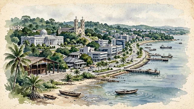 Watercolour of Libreville, Gabon. The city unfolding along the undulating shore of the Gabon Estuary (Estuaire du Gabon) on the Gulf of Guinea, surrounded by lush coastal rainforest, with Saint-Michel de Nkembo Church and Presidential Palace.