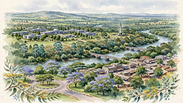 Watercolour of Lilongwe, Malawi. The "Garden City" of southern Africa, with Lilongwe River and Old Town.
