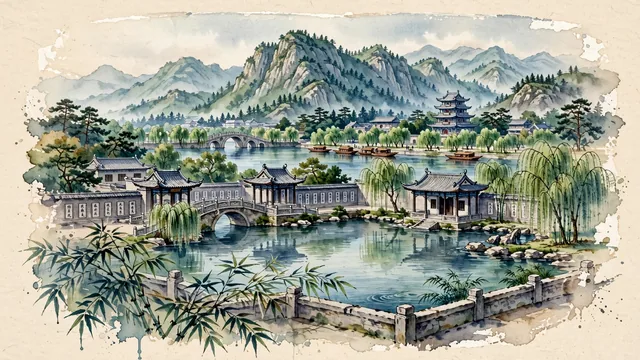 Watercolour of Linyi, China. Lianyungang's inland neighbor Linyi along the broad Yi River (Yihe), the hometown of Calligraphy Sage Wang Xizhi, centered around the Wang Xizhi Former Residence, the Yinqueshan Han Tombs, and Mount Mengshan, with Wang Xizhi Former Residence and Yi River.