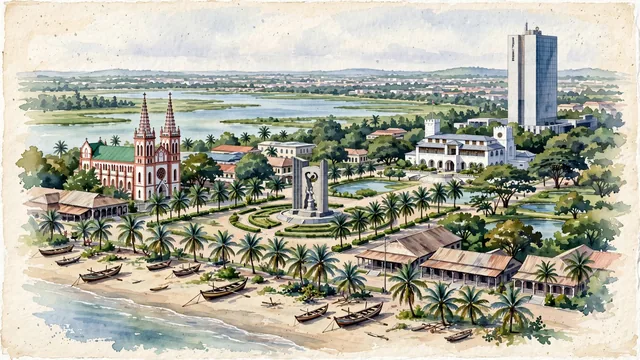 Watercolour of Lomé, Togo. The coastal capital on the Gulf of Guinea, with Sacred Heart Cathedral and Monument.