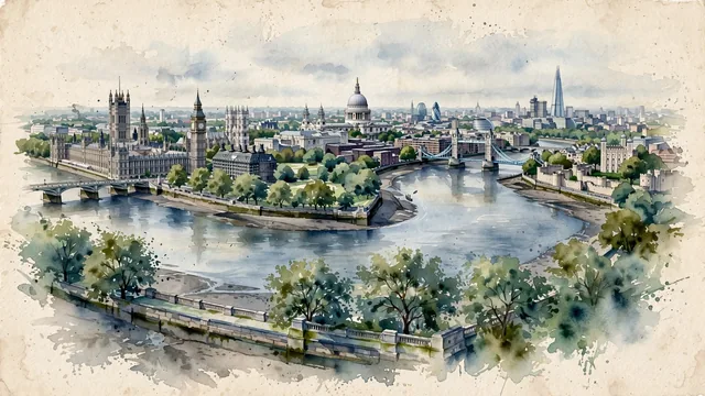 Watercolour of London, United Kingdom. The great city unfolding along the serpentine curves of the River Thames, framed by low stone embankments, with River Thames and Palace of Westminster.