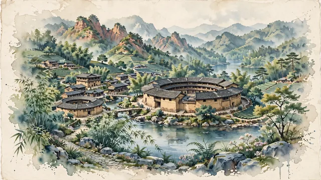 Watercolour of Longyan, China. Real prefecture-level city of Longyan, Fujian Province, China as accurately and recognizably as possible, with UNESCO World Heritage Fujian Tulou of Yongding and Hongkeng Tulou.