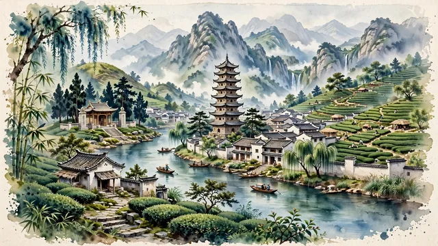 Watercolour of Lu’an, China. Nestled between the Pi River and the northern Dabie Mountains, the home of Lu’an Guapian tea and the ancient civilizer Gao Yao, centered around Mount Dabieshan and the historic Duoshen Pagoda, with Tang Dynasty Duoshen Pagoda and Gao Yao Tomb and Memorial Hall.
