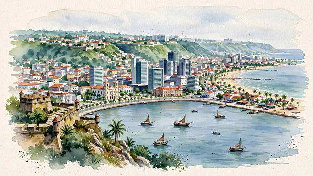 Watercolour of Luanda, Angola. The city set along the sheltered Luanda Bay (Baía de Luanda), protected by the long, narrow sandy spit of the Ilha do Cabo (Ilha de Luanda), with Fortress of São Miguel and Cidade Alta.